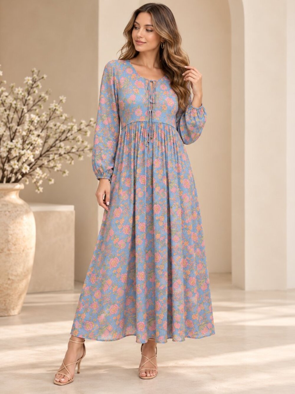 163- Blue & Pink Rose Print Vintage Floral Long Sleeve Maxi Dress